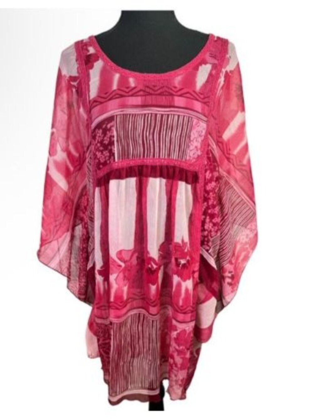 Pink Apple Dress Mumu Kaftan Sz 1X Plus Resort Wear Tab Sleeves Floral Applique